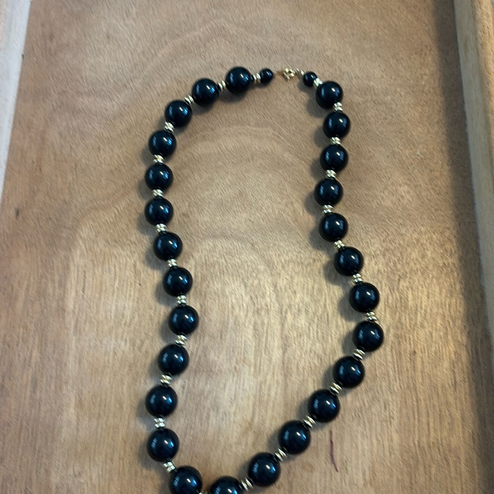 Black & Gold Vintage Lucite Beads Necklace 25”